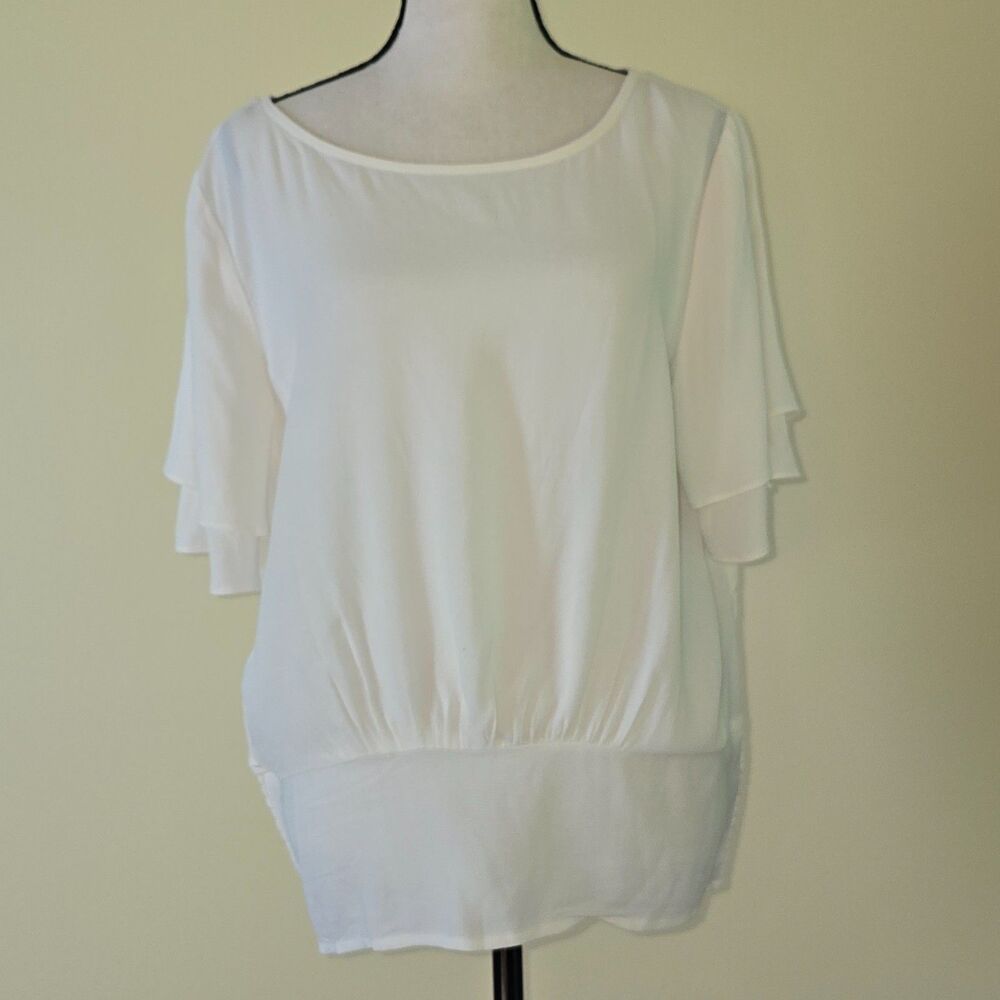 NWT Ann Taylor Ivory Short Flutter Sleeve Banded Hem Blouse Size Medium